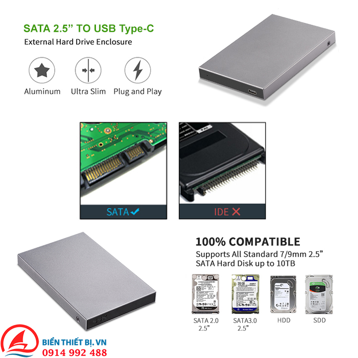 Box ổ cứng HDD SSD 2.5 SATA Type-C Vỏ nhôm