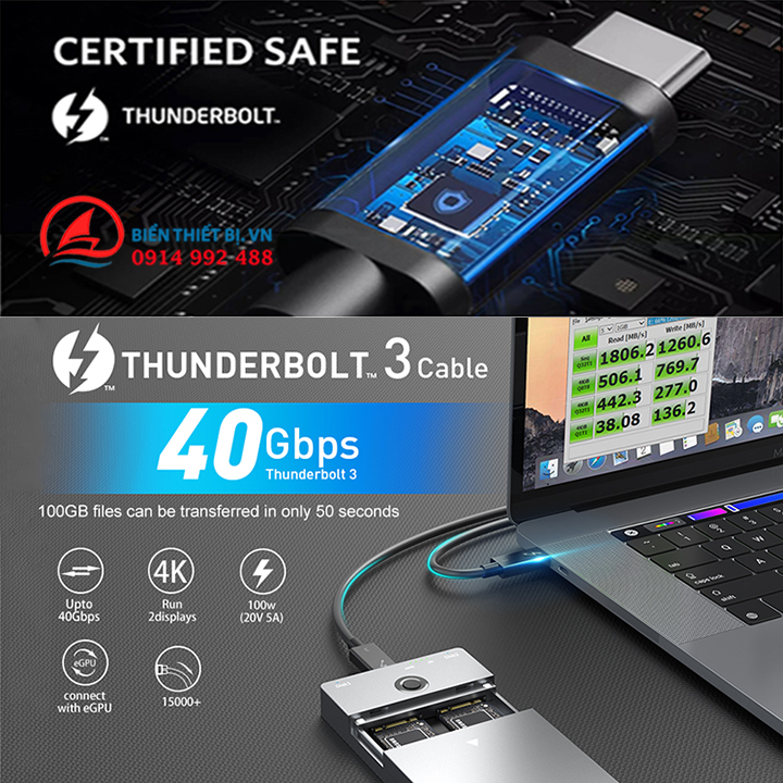 Cáp Thunderbolt 3 dài 1m Xuất hình ảnh 5K 4K tốc độ 40Gb sạc 100W