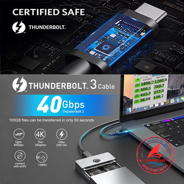 Cáp Thunderbolt 3 tốc độ 40Gb dây dài 1m hỗ trợ 5K 4K sạc 5A/100W