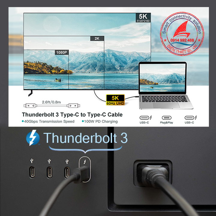 LG brand Thunderbolt 3 cable outputs 5K images at 40Gbps Charging 5A / 100W