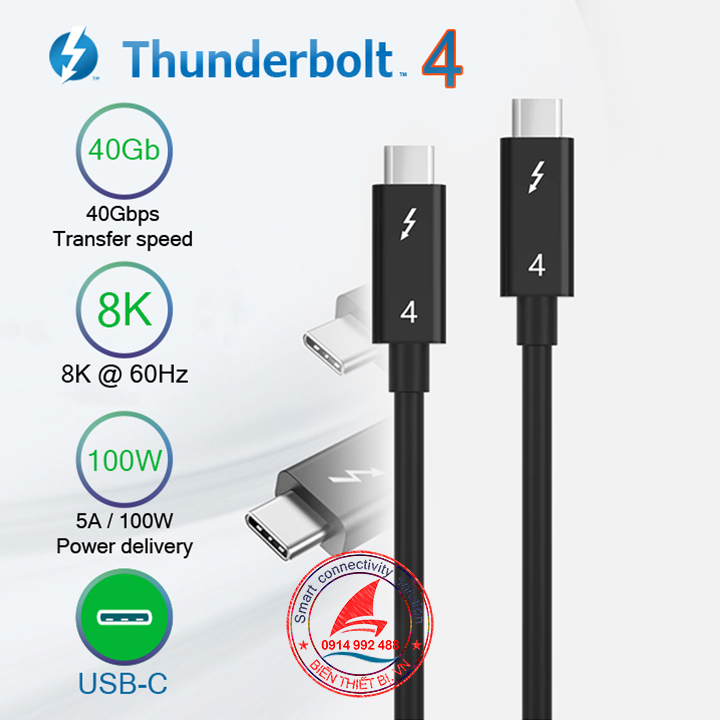 Cáp Thunderbolt 4 1.5M Sạc 5A/100W tốc độ 40GB hỗ trợ 8K 4K@60Hz