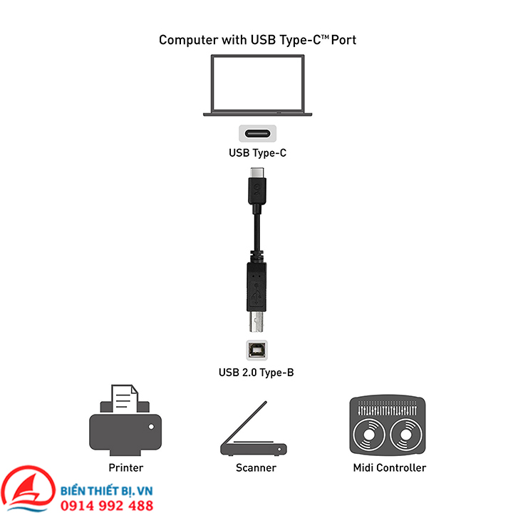 USB Type C to USB 2.0 Type B converter cable 1m and 0.5m (50cm) long, connecting Laptop, Macbook to Printer, HDD Box and MIDI device