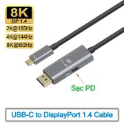 Cáp USB-C Thunderbolt 3/4 to Displayport 1.4 Cáp dài 2M, hỗ trợ 8K 5K 4K 2K, sạc PD