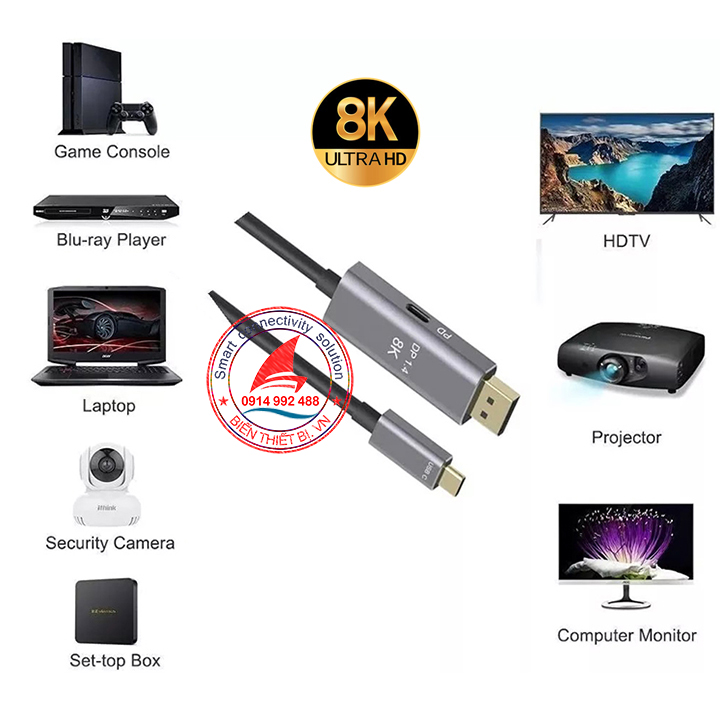 Cáp USB-C Thunderbolt 3/ Thunderbolt 4 to Displayport 1.4 Cáp dài 2M, hình ảnh 8K@60Hz