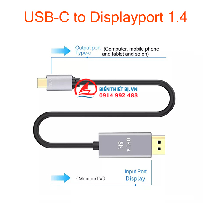 Cáp USB-C Thunderbolt 3/4 to Displayport 1.4 Cáp dài 2M, hỗ trợ 8K 5K 4K 2K, sạc PD