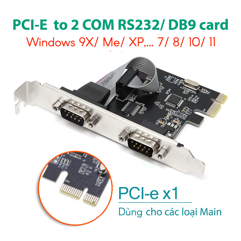Card PCI-E sang 2 COM RS232 DB9 chip WCH382 chuyển đổi PCIe x1 to 2 cổng DB9 cho máy tính PC mini máy đồng bộ Slim SFF Dell HP kết nối cáp máy CNC PLC