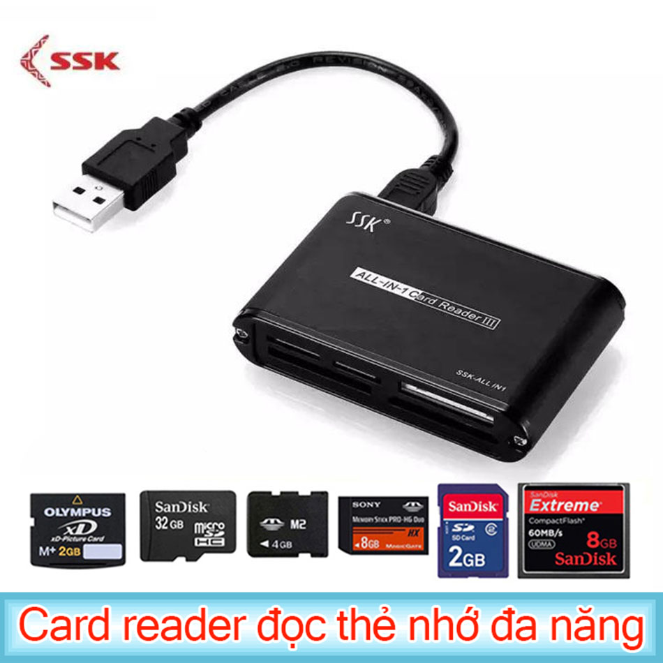 Đầu đọc thẻ nhớ CF SD XD MS M2 card MicroSD, Compact Flash Card Reader máy CNC thương hiệu SSK vỏ sắt